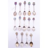 14 silver and enamelled silver souvenir teaspoons, relating to the Midlands including Birmingham,
