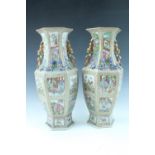 A pair of late Qianlong Chinese export famille rose vases, of hexagonal section and shouldered