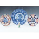 A Japanese Meiji period blue and white porcelain charger, two late 19th Century Imari scallop