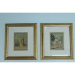 A pair of Moghul Indian style miniature watercolour paintings, respectively of a woman gathering