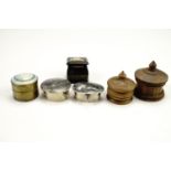 Six late 20th Century pill boxes, comprising enamelled brass, abalone shell topped, lacquered and