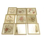 Nine early Victorian small petit point needlework pictures, variously of flora, birds, children