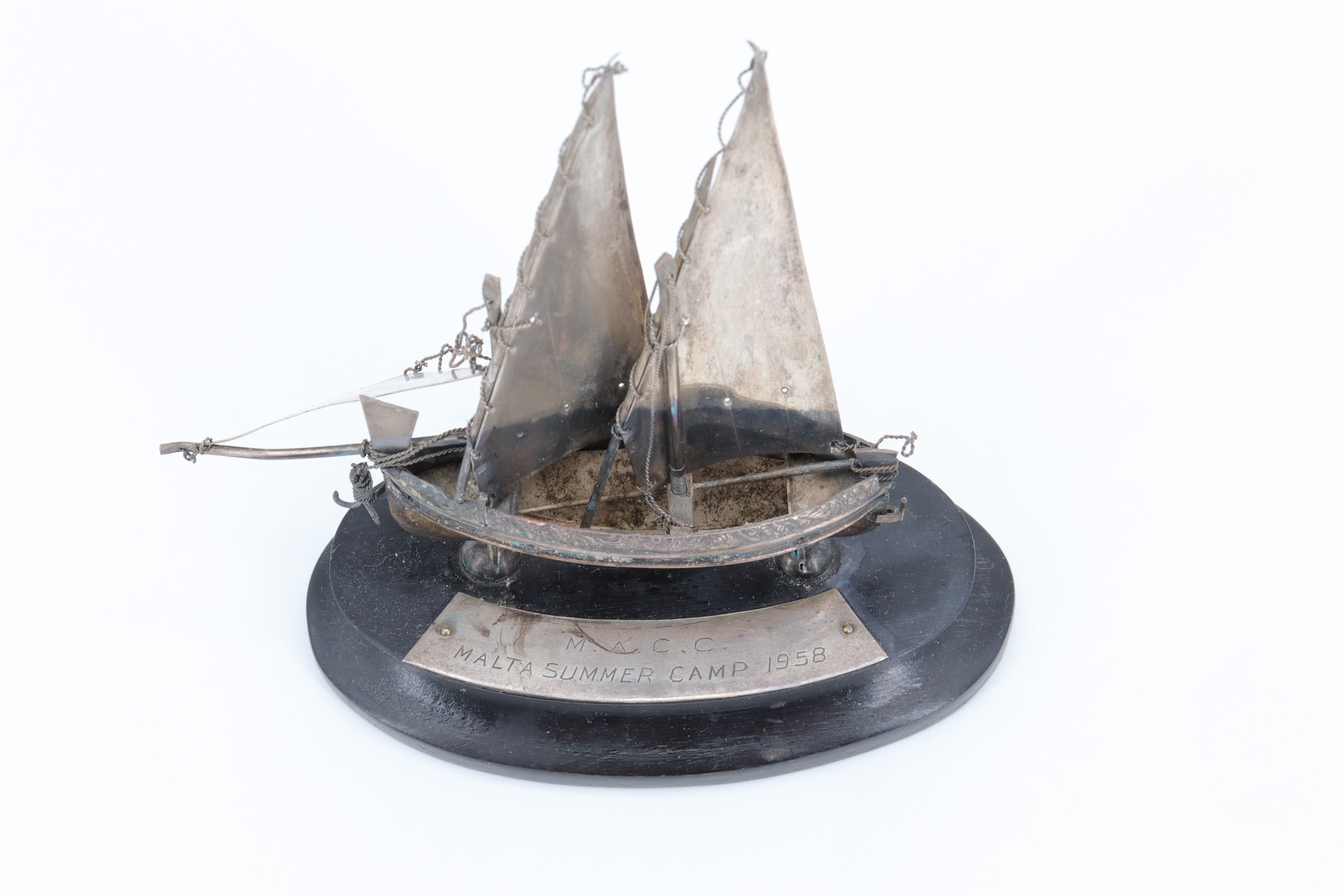 Two silver models of Maltese speronara two masted boats, respectively standing on a white painted - Image 3 of 4