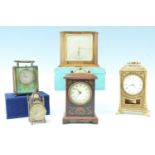 Five clocks comprising, a Belle Epoque fruitwood mantle clock, having polychrome transfer
