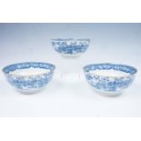 Three early 19th Century blue-and-white Pearlware bowls, bat printed in a chinoiserie pattern, 15.