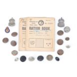 Silver and other Second World War ARP badges, Civil Defence buttons, two ration books etc