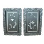 A pair of Japanese black lacquered panels, having inlaid mother of pearl and abalone shell depicting