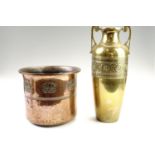 A copper cachepot, 29 cm x 23 cm, and a brass vase, 43 cm