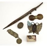 Sundry collector's items including a magnifying eyepiece, an alligator form wooden letter opener,