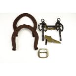 A pair of shire horseshoes and bit etc