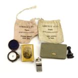 A Victorian gilt metal fob compass marked 'Dolland, London', in a fitted leather case, a Mauchline