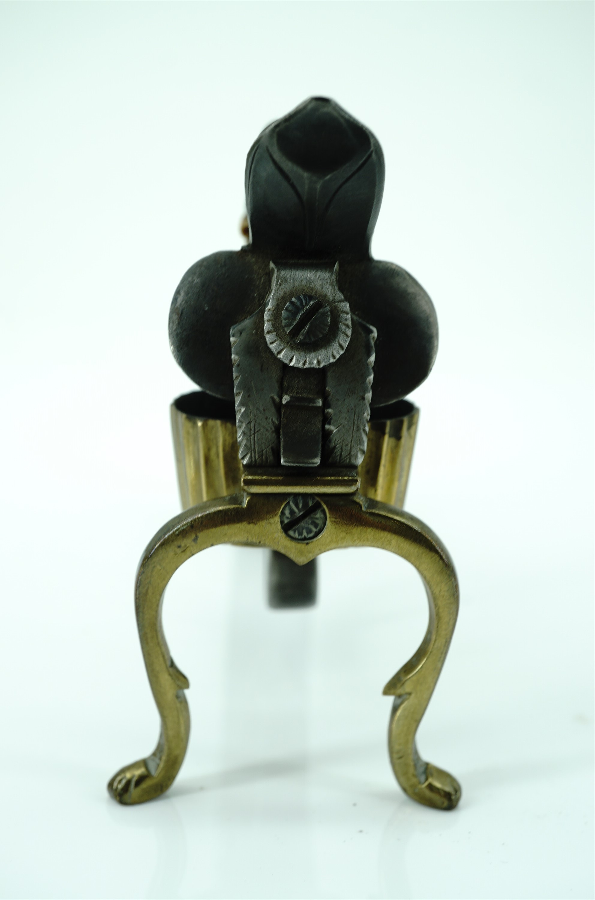 A flintlock tinder box candle lighter, having a brass body with steel cock and frizen on a walnut - Image 7 of 7