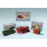 Three boxed Dinky die-cast automobiles, comprising "Centurion Tank" 651, "Coventry Climax Fork