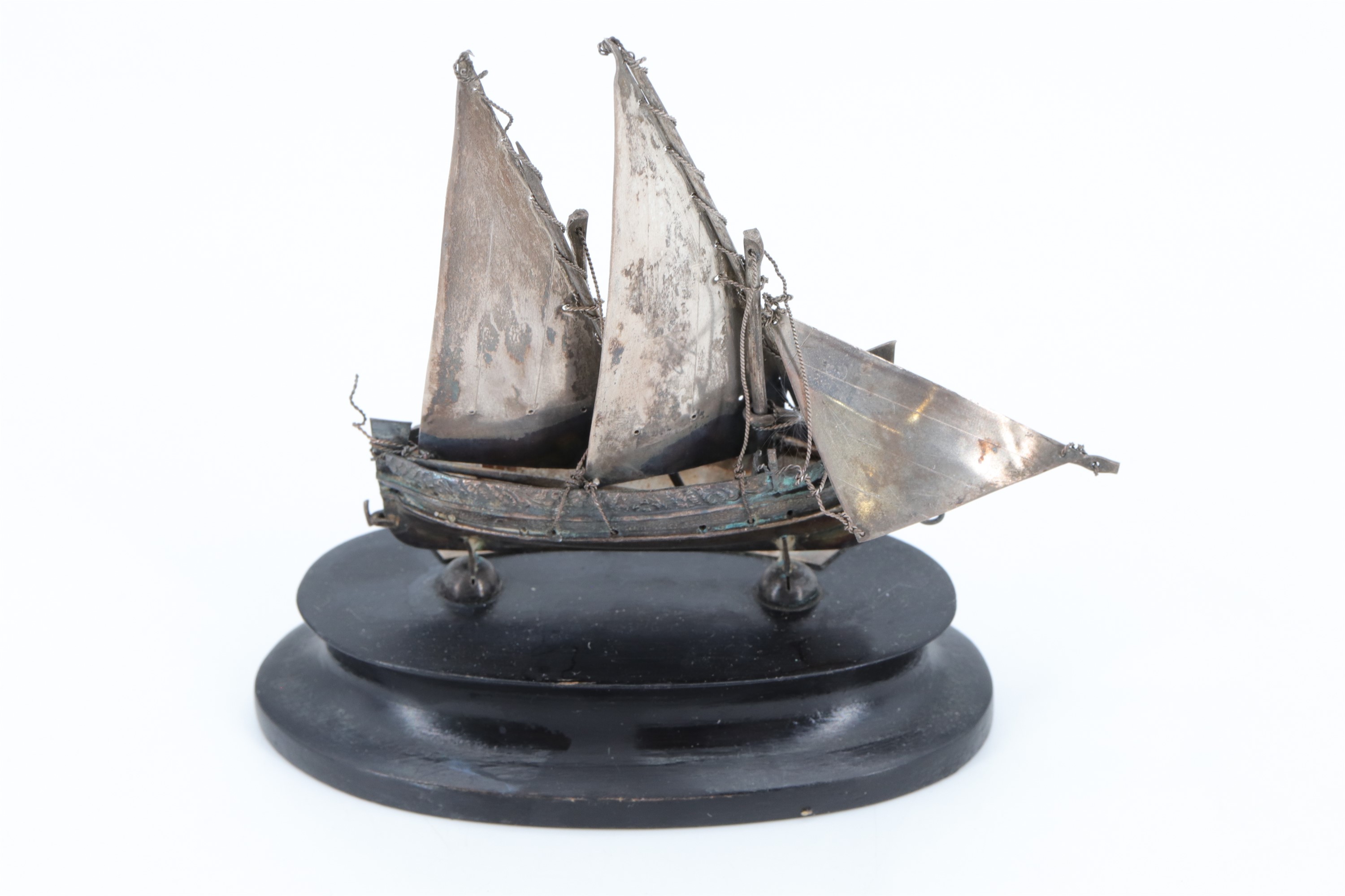 Two silver models of Maltese speronara two masted boats, respectively standing on a white painted - Image 4 of 4