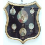 A 19th Century framed aristocratic family grouping of portrait miniatures, depicting Regency to