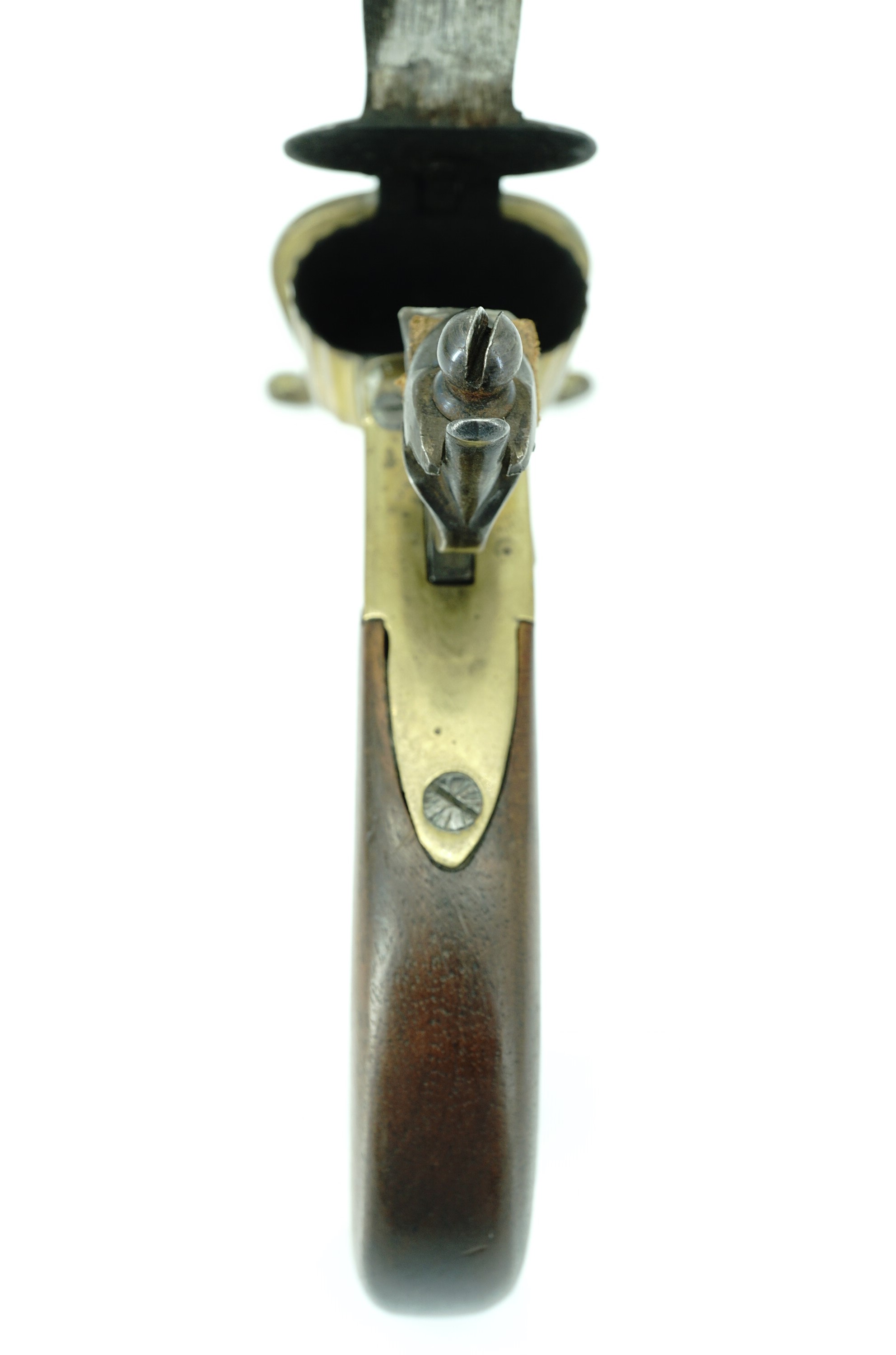 A flintlock tinder box candle lighter, having a brass body with steel cock and frizen on a walnut - Image 5 of 7