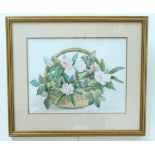A 1980s still life of flowers in a basket, watercolour, indistinctly signed and dated '87 lower