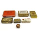 Six small vintage tins, and a cigarette box largest tin 10 x 8 x 1.5 cm