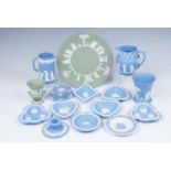 A quantity of Wedgwood Blue Jasperware thirteen items together with Green Jasperware plate and small