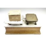 A set of early 20th Century shop counter balance scales, having an oak case with a marble top, a