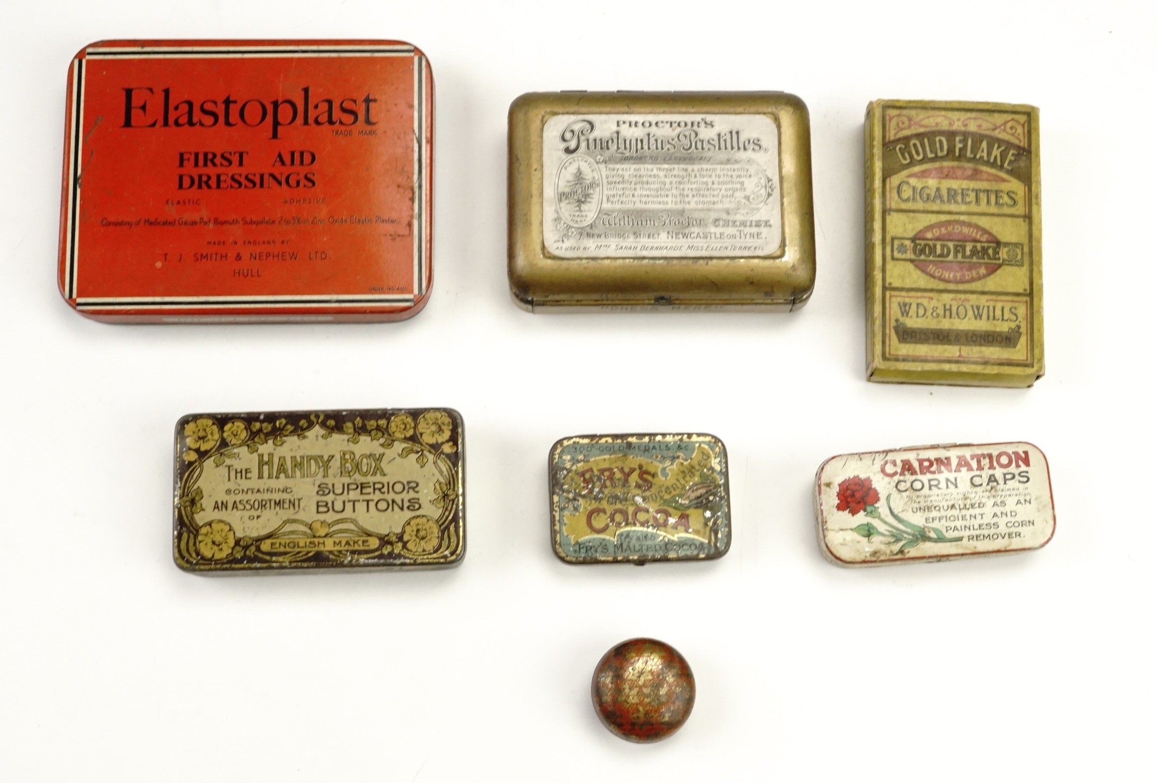 Six small vintage tins, and a cigarette box largest tin 10 x 8 x 1.5 cm - Image 2 of 3