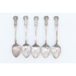 Five Scottish Silver Queen's pattern teaspoons, R L Christie, Edinburgh, 1857, 72 g, 14 cm, (two a/