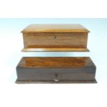 Two oak table boxes, variously having a strung top, plain sides on a moulded base, and a moveable