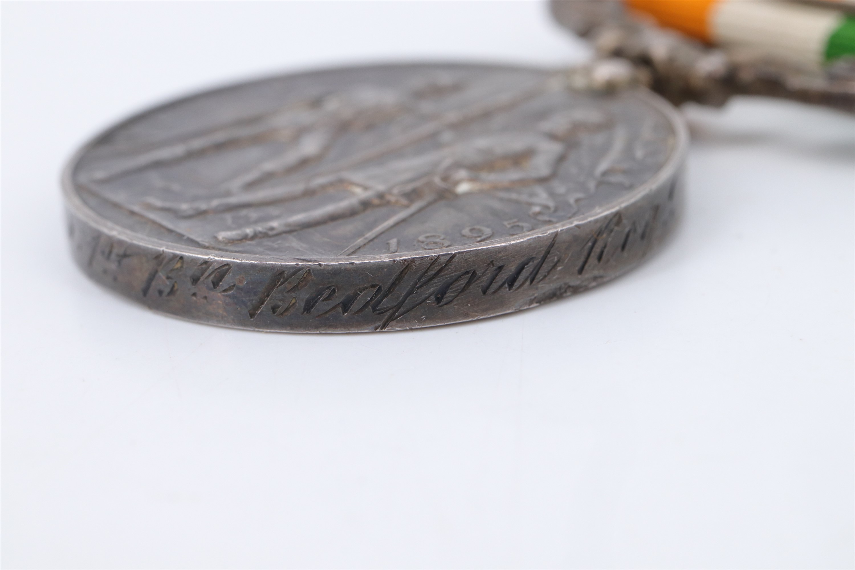 An India Medal with Relief of Chitral 1895 clasp, engraved to 3306 Pte G Adams 1st Bn Bedford - Image 7 of 9
