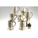 Seven various electroplate and pewter tankards, together with a hip flask, latter 10 cm