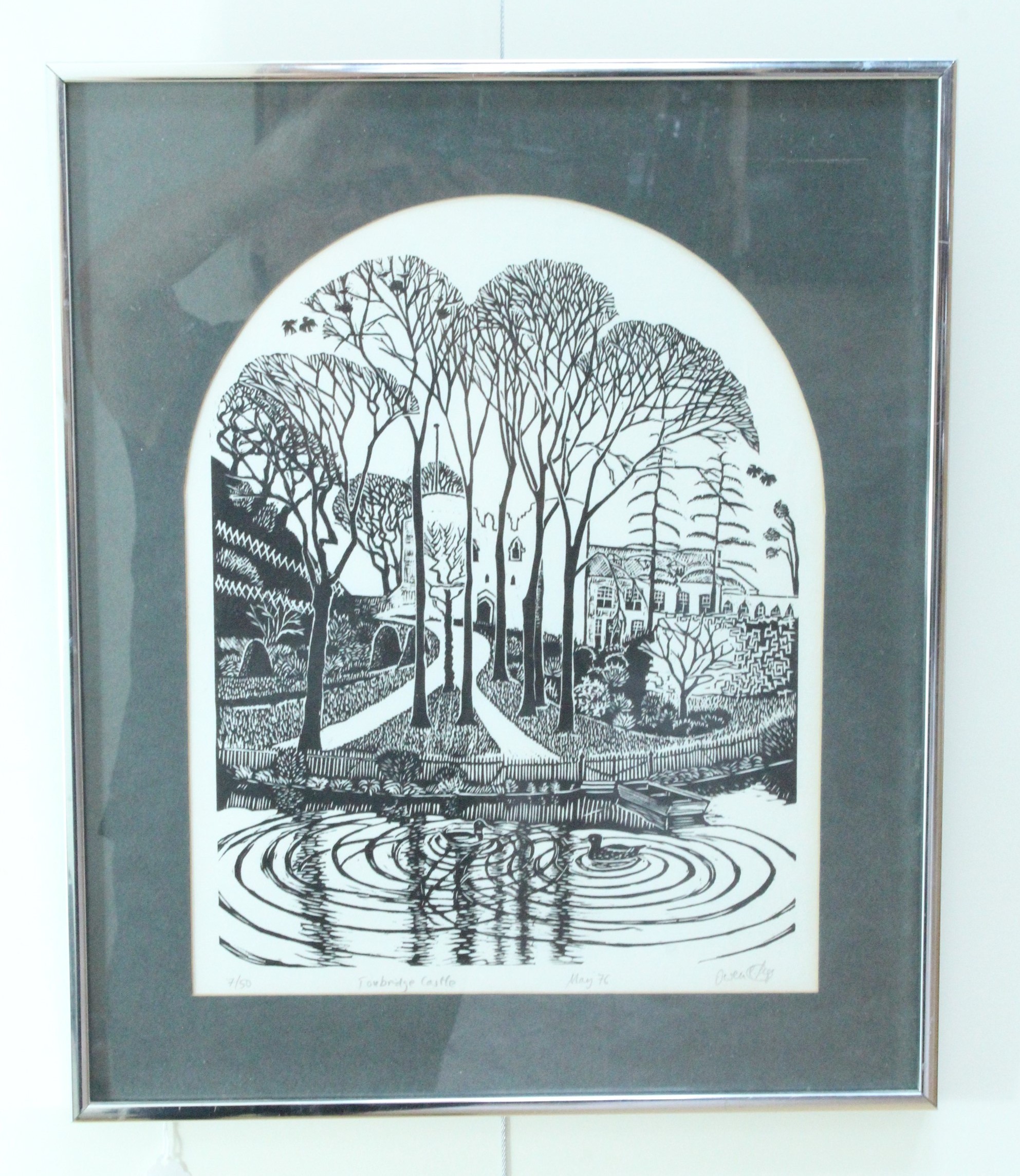 Tunbridge Castle 1970s linocut , limited edition, pencil signed and dated by the artist, mounted