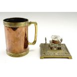 A brass inkwell together with brass tankard, 15 cm