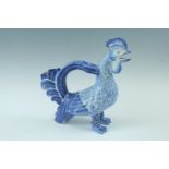 A delft style blue-and-white tin / lead glazed decanter jug in the form of a cockerel, painted marks