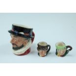 A Royal Doulton character jug, together with two similar miniature Royal Doulton jugs, tallest 8.5