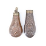 Two copper pistol powder flasks