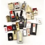 A group of vintage advertising cigarette lighters, including a Miami Dolphins Zippo, Marlboro,