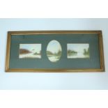 A pair of framed tryptic landscapes, depicting the setting sun over single and twin masted fishing