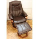 An Ekornes Stressless or similar brown hide upholstered recliner armchair and Ottoman