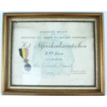 A Belgian Labour Decoration 2nd class, framed with 1947 award document