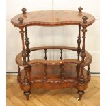 A Victorian burr walnut veneered kidney-shaped Canterbury whatnot, 74 cm x 88 cm high