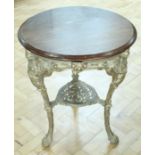 A cast iron Britannia pub table, having a circular mahogany top with moulded edge, (a/f), 60 x 75