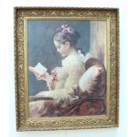 After Jean-Honore Fragonard (1732-1806) "A Young Girl Reading" print on canvas, in ornate gilt