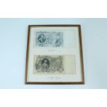 Framed 1912 Russian 500 ruble and 1910 100 ruble banknotes