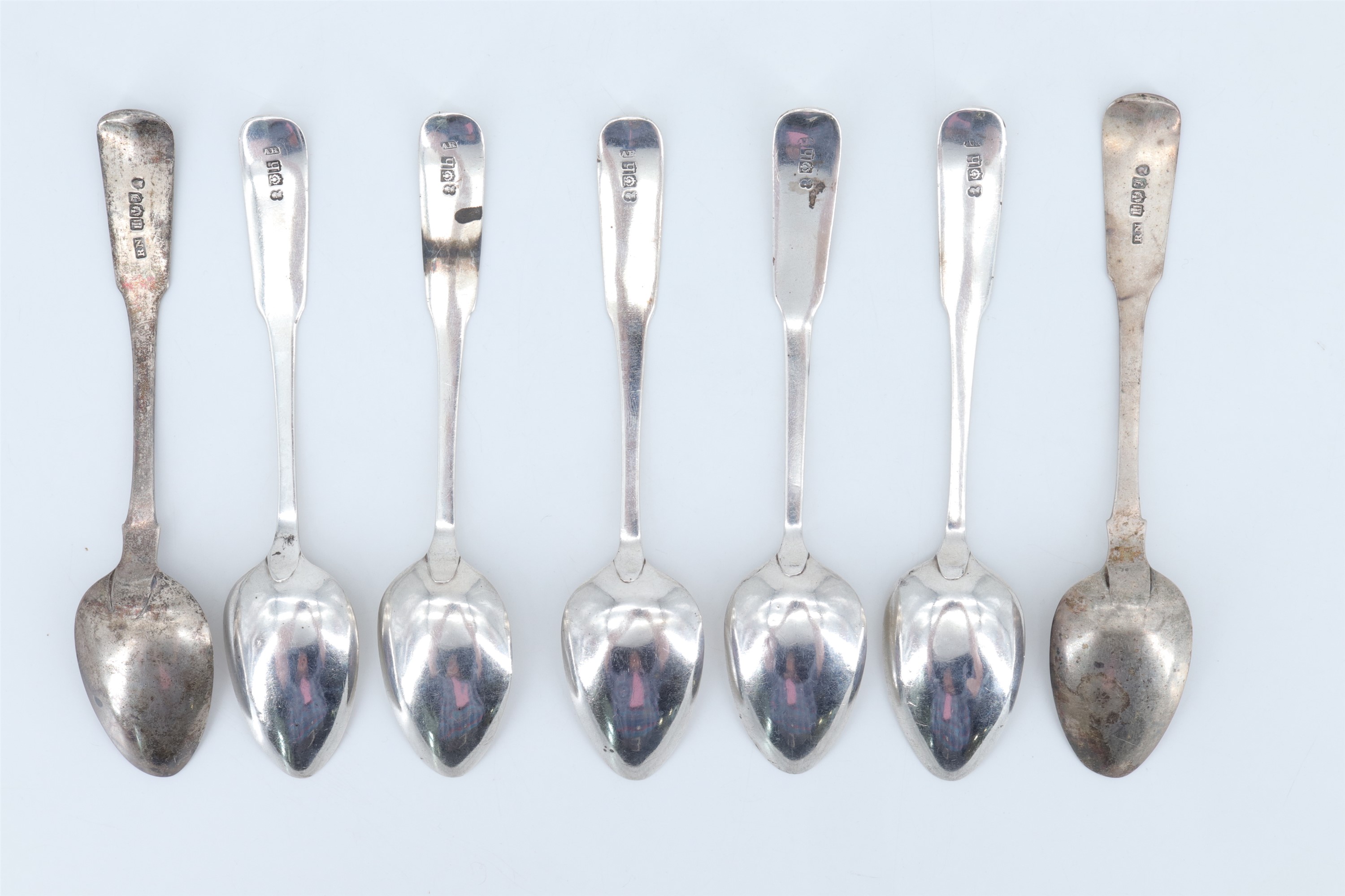 Seven 19th Century Scottish silver fiddle pattern teaspoons, comprising five spoons bearing - Image 2 of 2