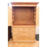 A Victorian pine press cupboard on chest, 128 cm x 63 cm x 209 cm