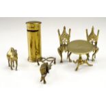 A pair of cast brass model chairs and snap top table, brass candle wick scissors and a money box,