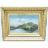 A 19th Century landscape of a loch, the calm water reflecting the far shoreline wood, below the