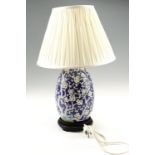 A Chinese oviform prunus pattern porcelain vase converted to a table lamp, 60 cm