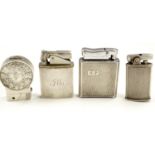 Four cigarette lighters incorporating silver elements, comprising a Colbrini "Monopol", a "Sun