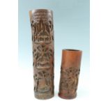A Chinese carved bamboo bitong / brush pot, together with a similar vase, tallest 47 cm