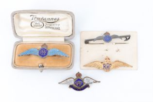 A cased enamelled white metal RAF sweetheart brooch and three other similar brooches